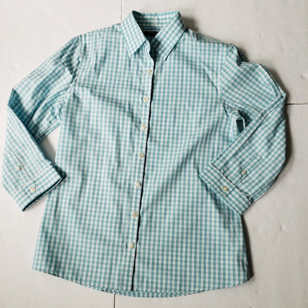 Lands' End Supima Cotton Aqua Gingham 3/4 Sleeve Button Up Shirt - Picture 3 of 11